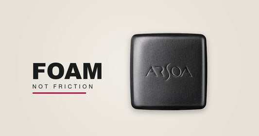 Arsoa Queen Silver, a charcoal mineral cleansing bar, beside the words FOAM NOT FRICTION